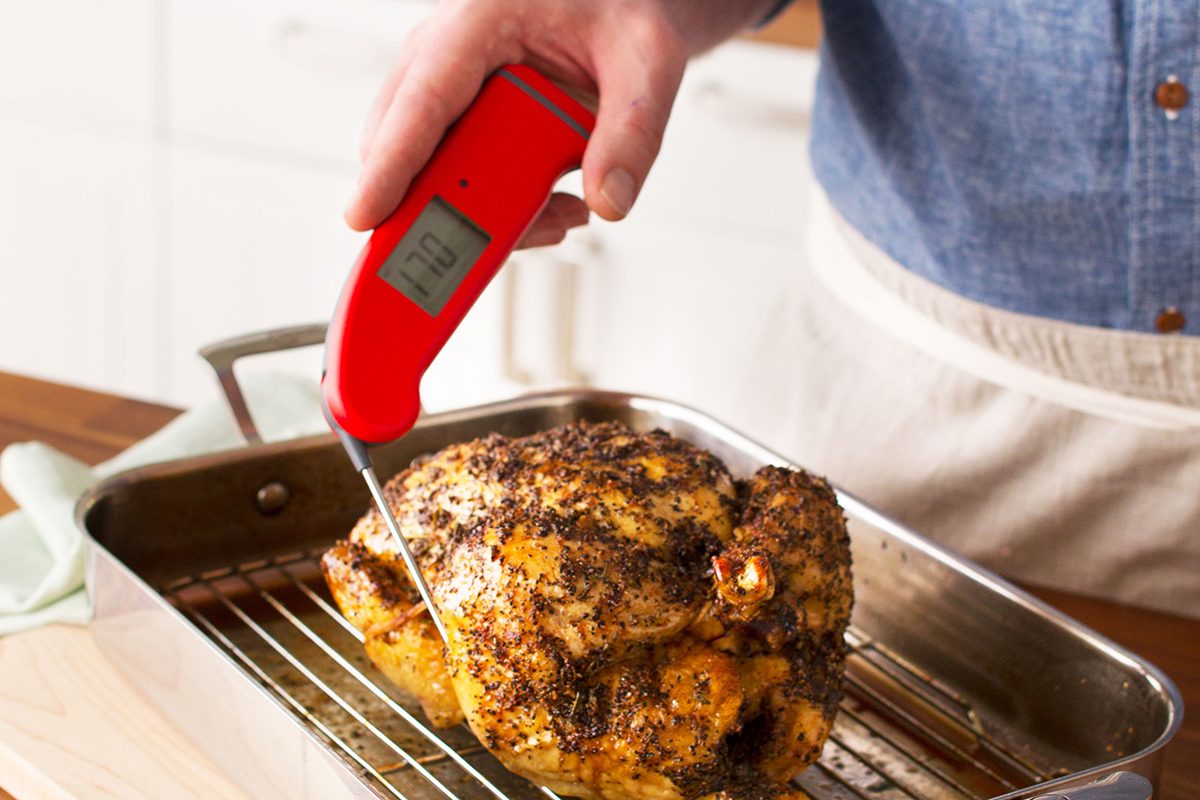 Checking the temperature of a roasted chicken