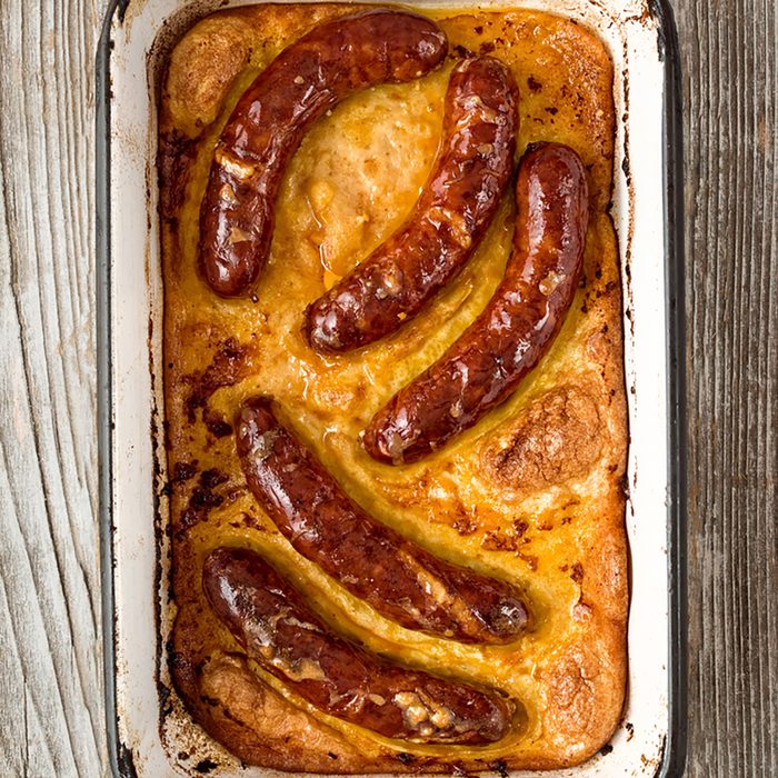 close up of rustic english pub grub toad in the hole