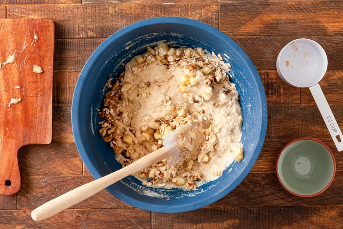 Mixing Ingredients in a large bowl to make Batter for Banana Oatmeal Pancakes