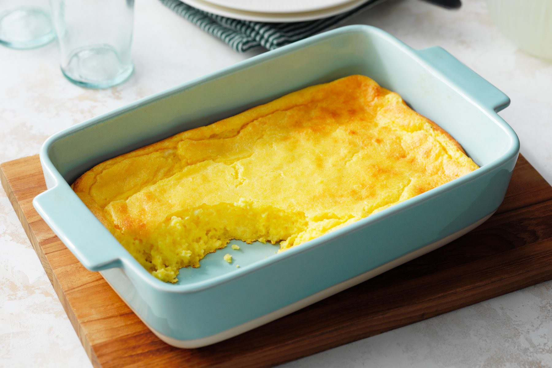 Kentucky Spoon Bread baking dish on a table