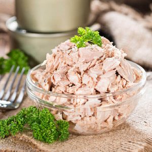 Bowl with canned Tuna (detailed close-up shot)