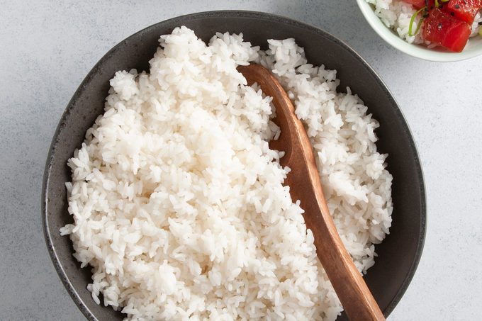 A bowl of cooked sushi rice