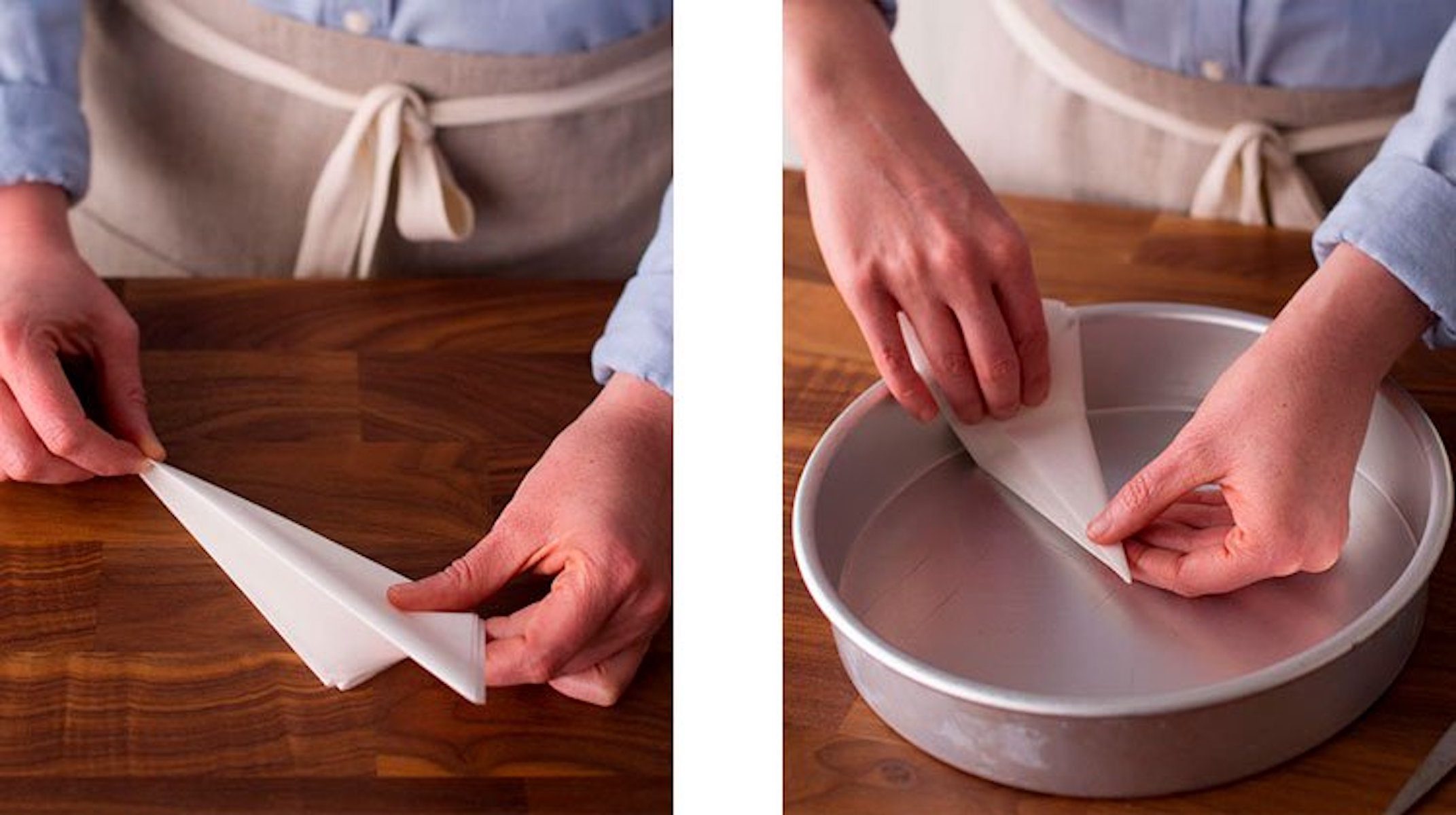 unfolding parchment paper in cake pan