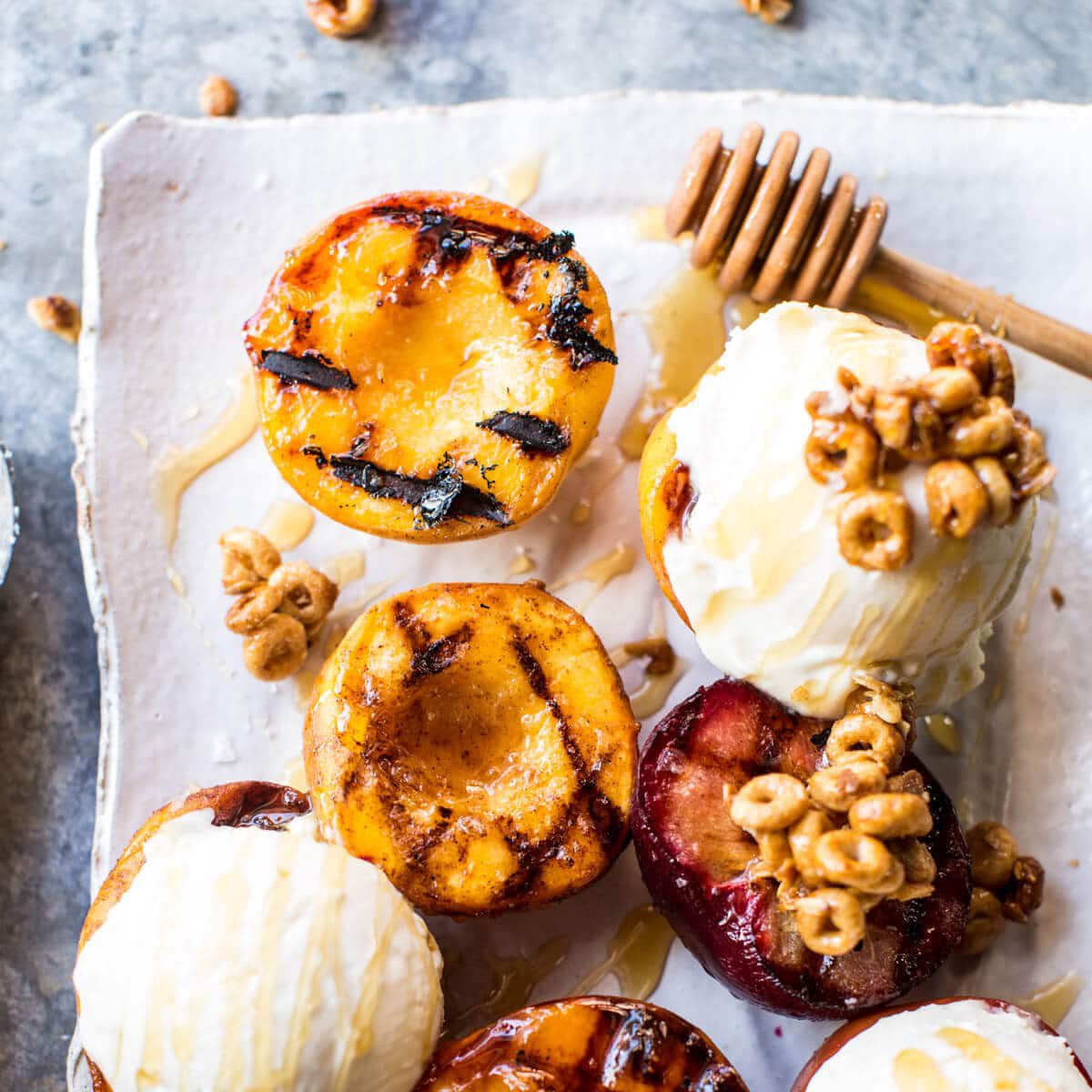 grilled peaches with mascarpone ice cream and cheerio granola