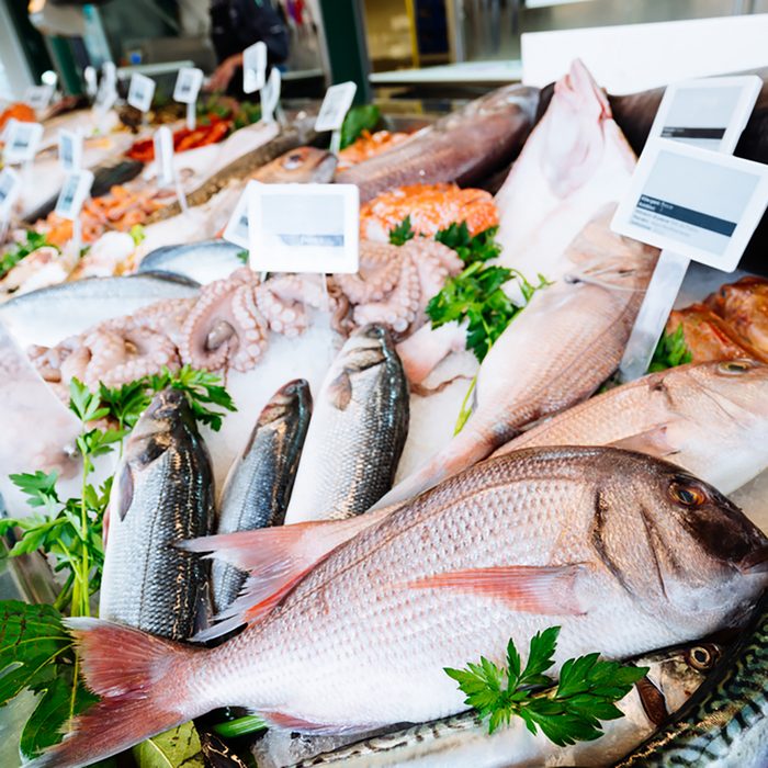 Fresh seafood on ice at the fish market