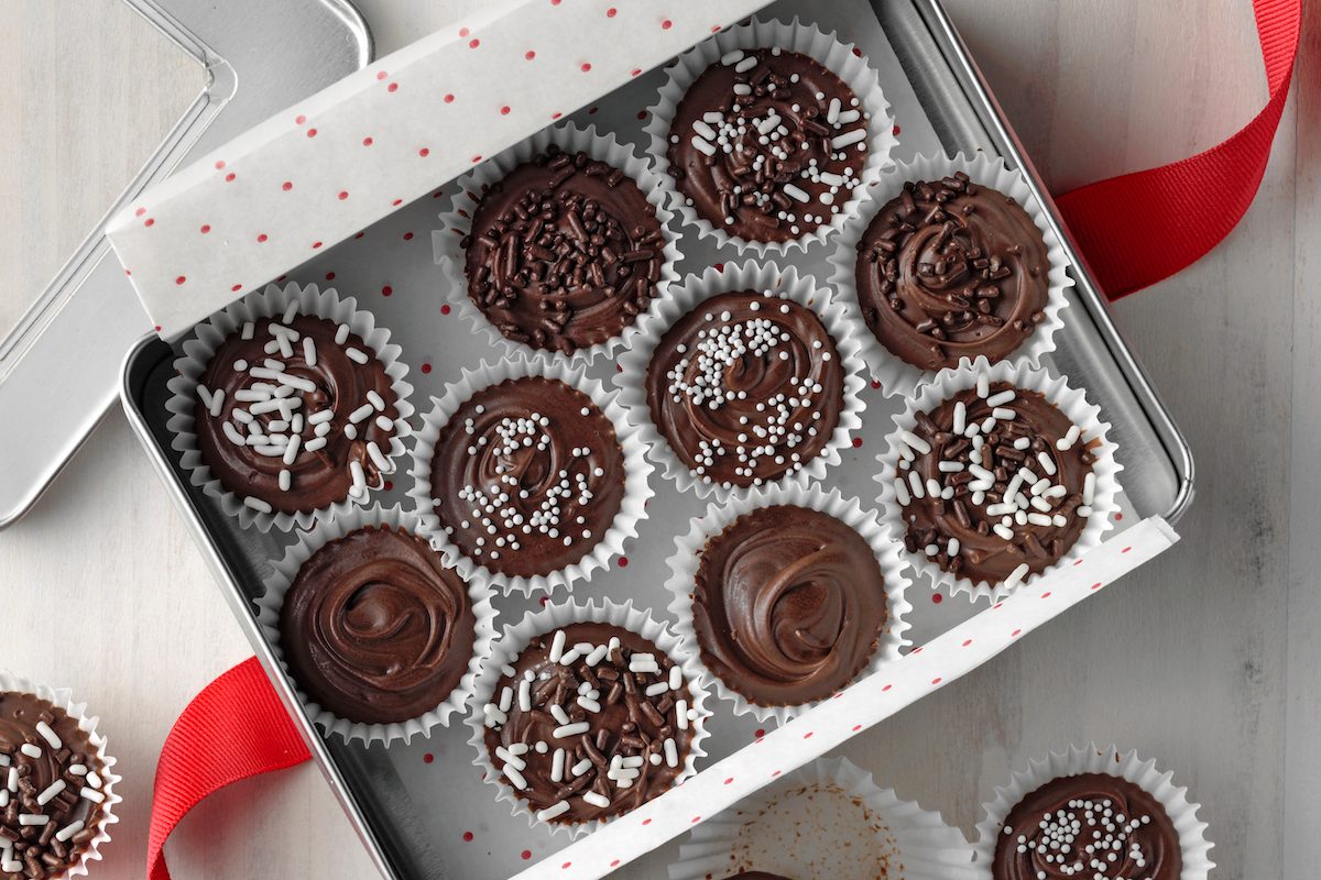 A box of homemade chocolate peanut butter candy.