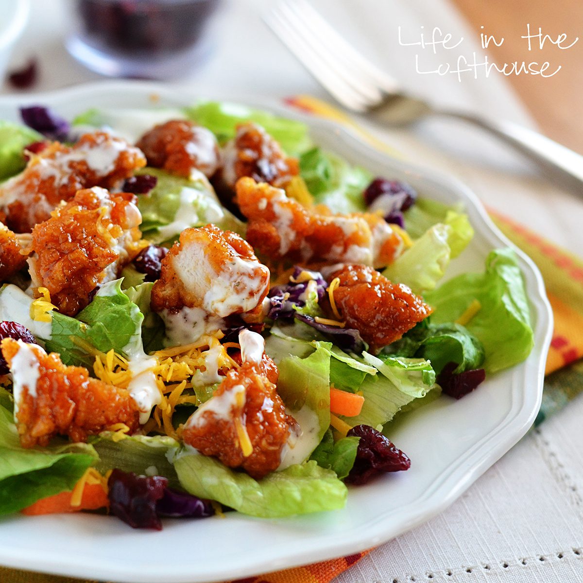 Sticky chicken fingers salad
