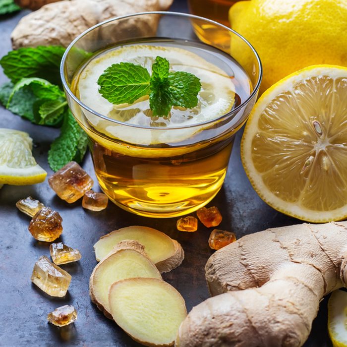 Ginger tea in a glass for flu cold winter days