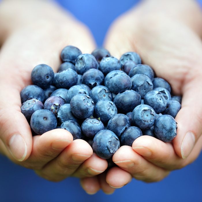 Woman with handful of freshly picked organic blueberries