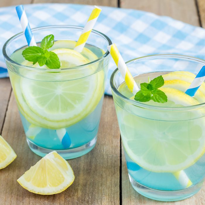 Blue lemonade with fresh lemons