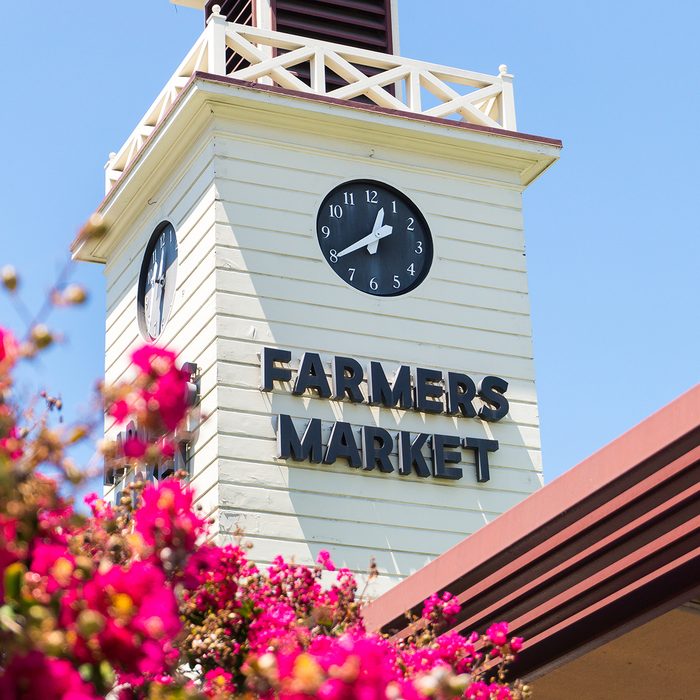 The Farmers Market tower in Los Angeles. The market area offers over a hundred vendors and is open seven days a week.