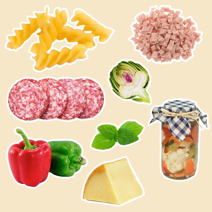 roti pasta, diced ham, sliced salami and pepperoni, artichokes, bell pepper, provolone, mozzarella, fresh basil and scoop or two of hot giardiniera