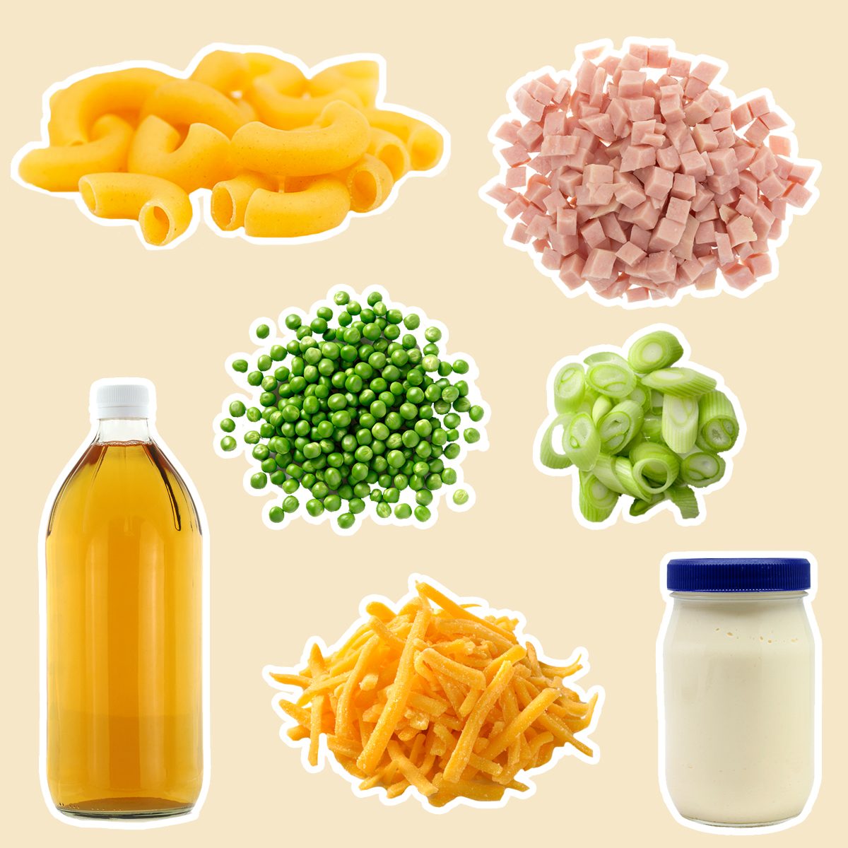 2 cups mayonnaise and 1 cup of cider vinegar. Then, toss the dressing with macaroni, diced ham, peas, shredded cheddar and a sprinkle of green onion.