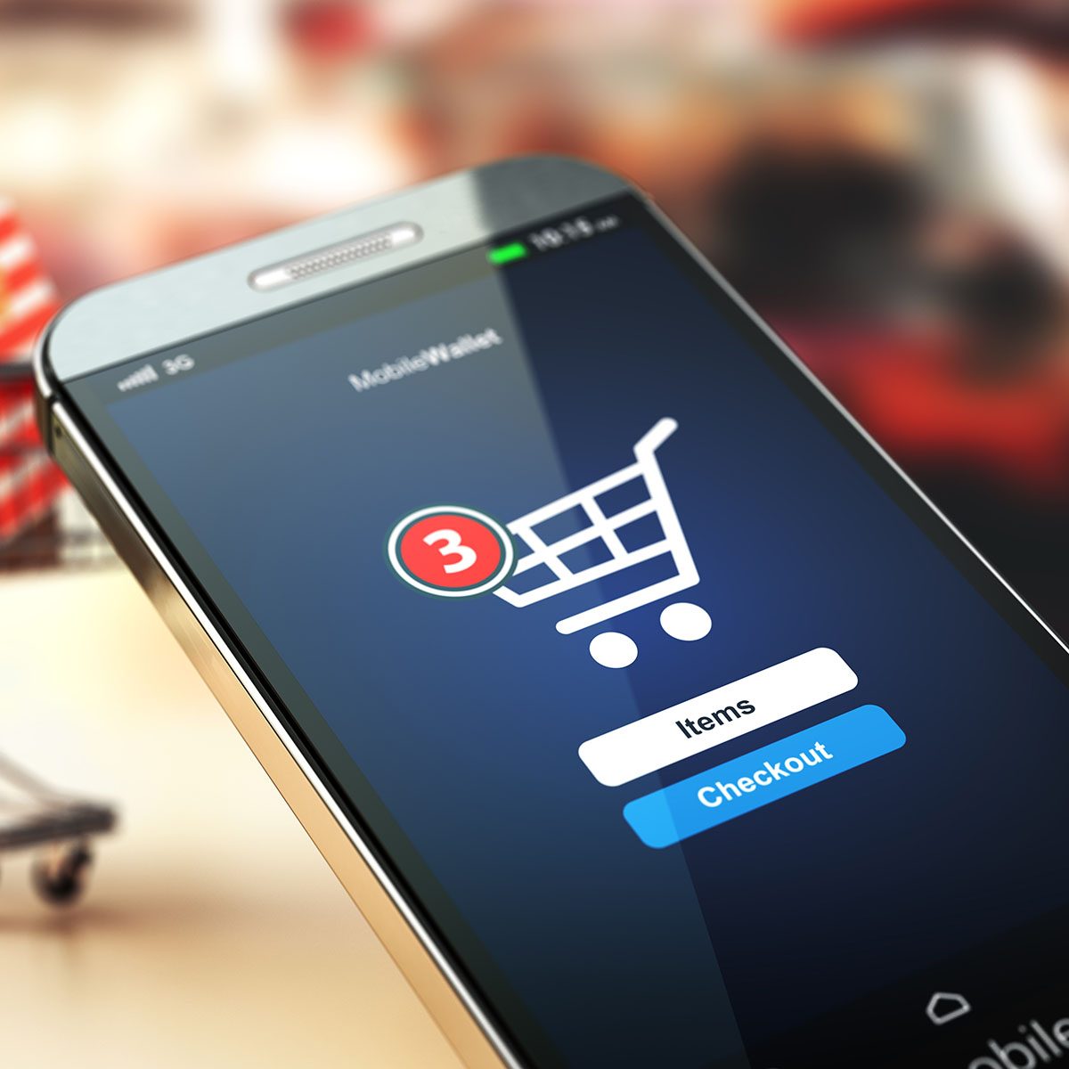 Online shopping concept nackground. Mobile phone or smartphone with cart and boxes and bag. 3d