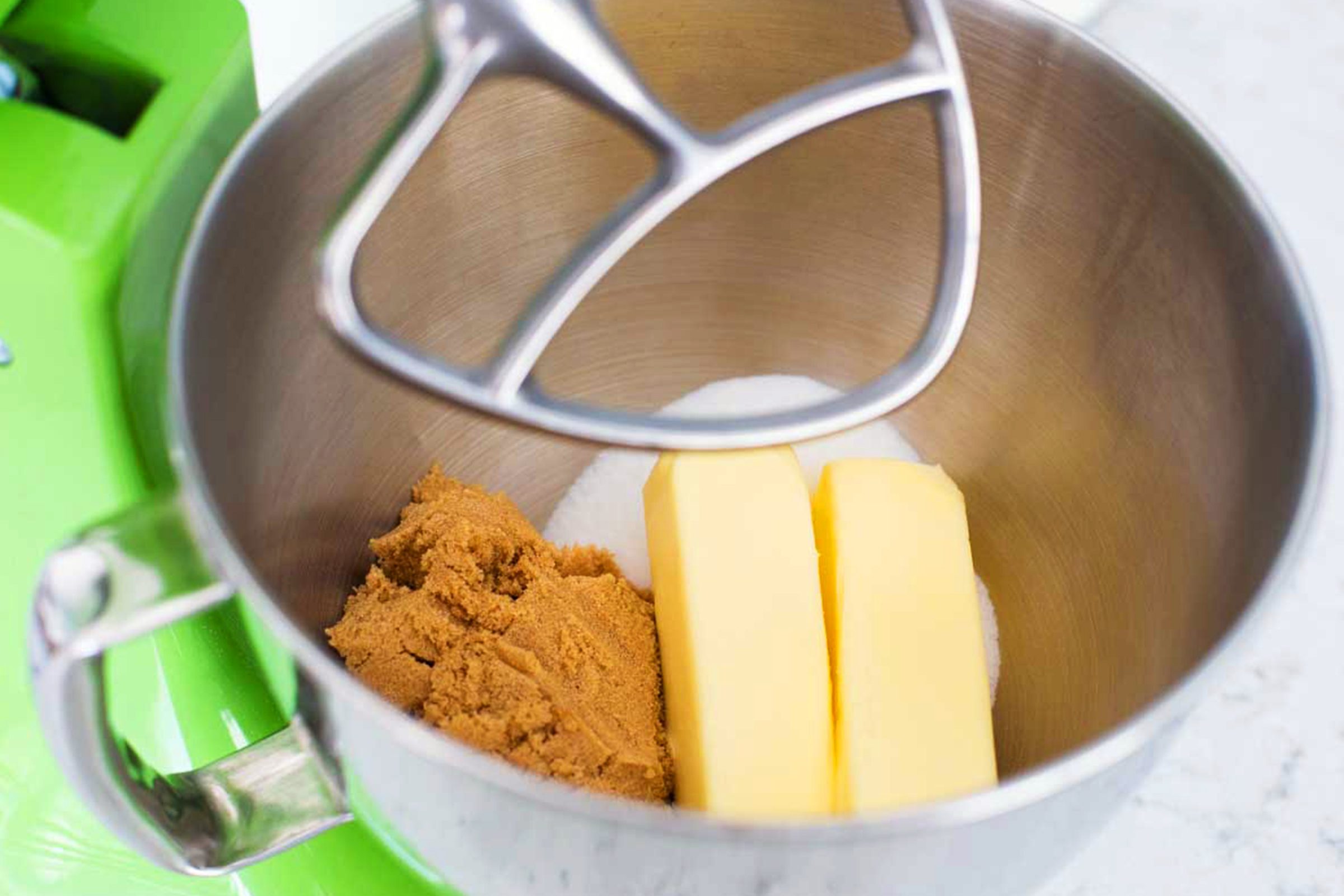 creaming together butter and sugars for doubletree chocolate chip cookies