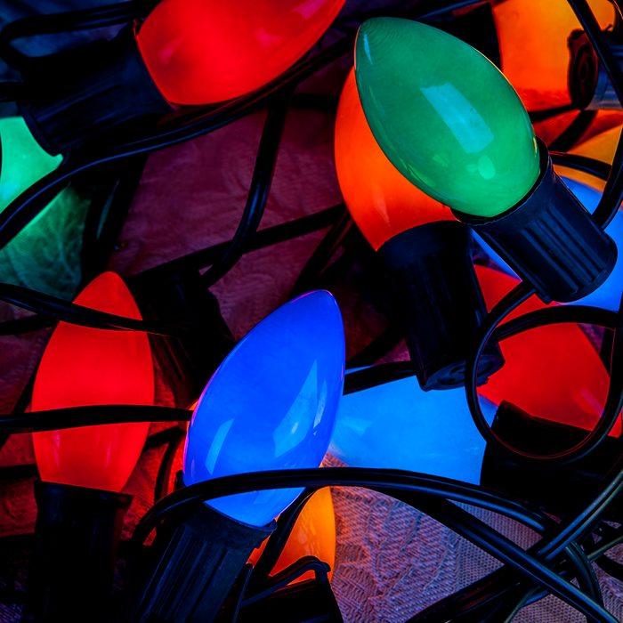 Vintage large Christmas lights tangled up.