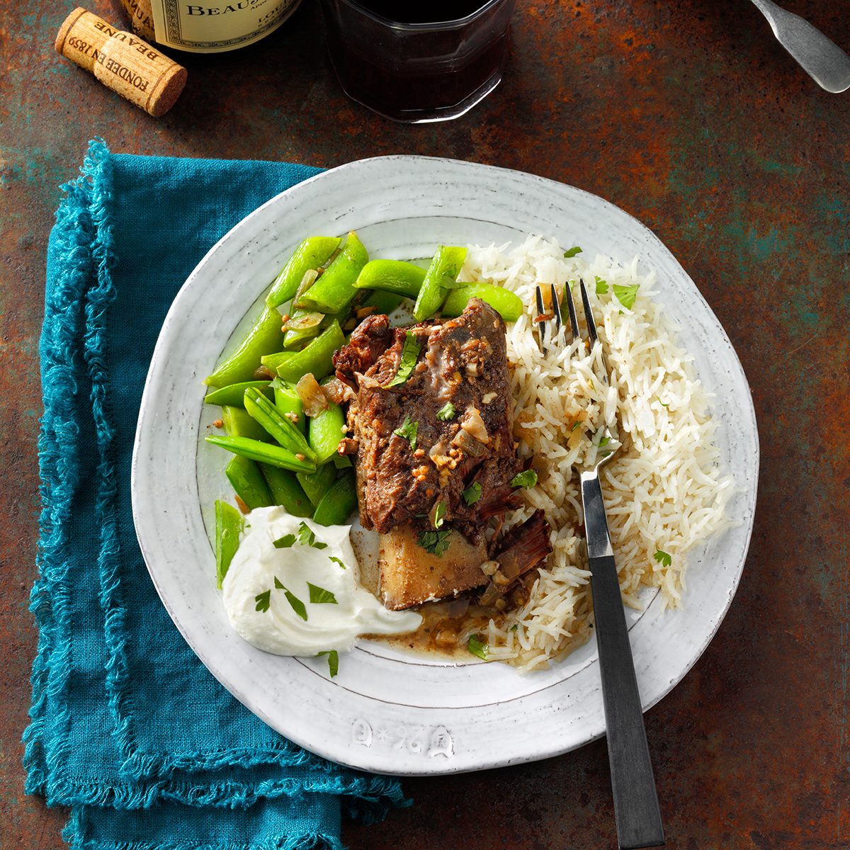 RMS: 132182 Beef Short Ribs Vindaloo Prep Shot, Meal Planner, Food Stylist: Shannon Norris, Set Stylist: Stacey Genaw, prep shot, overhead, gray white marble tabletop, close-up, ziploc plastic bag, beef, cumin seeds, coriander seeds, fresh gingeroot, mustard seed, bay leaves
