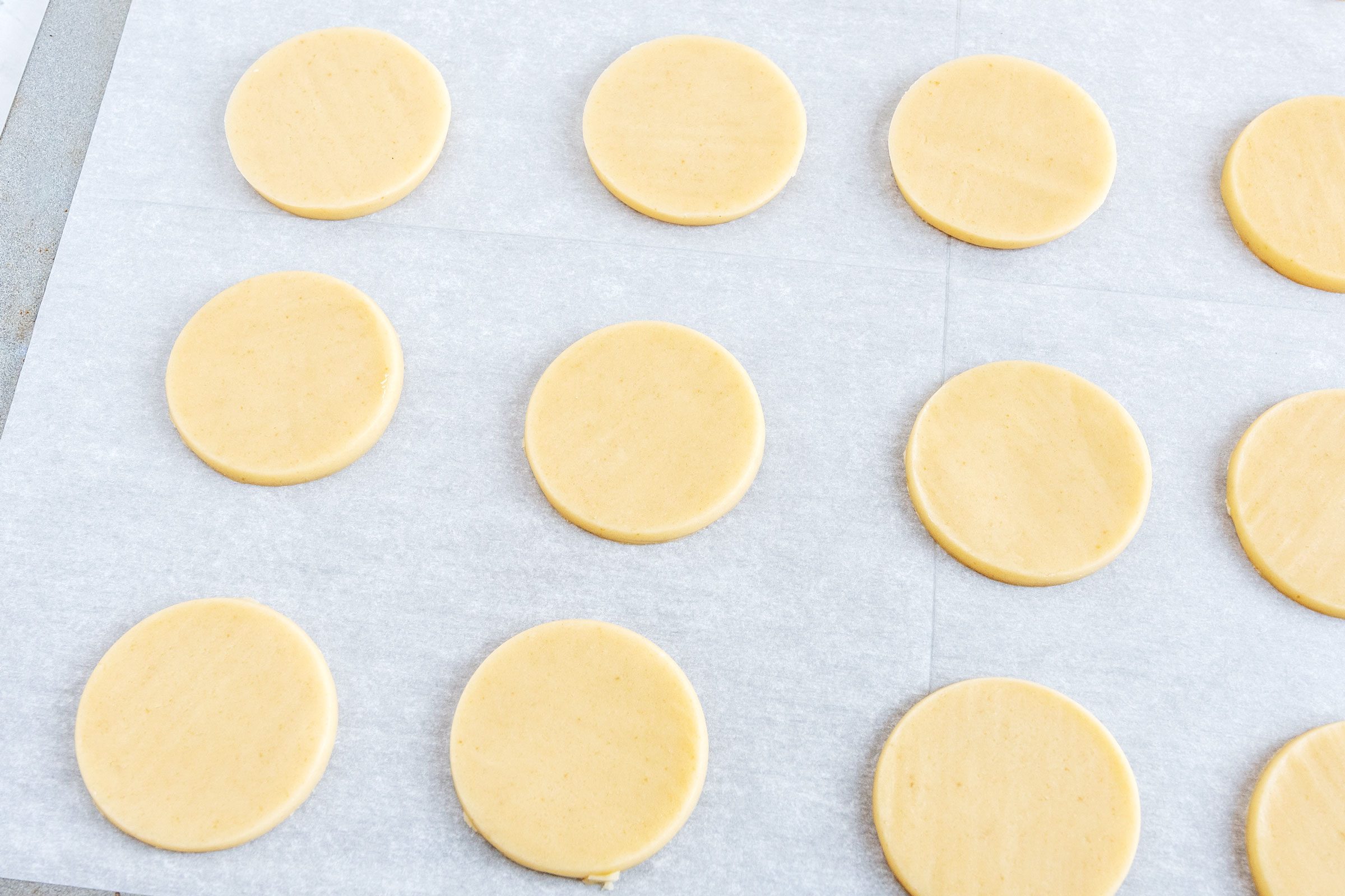Tagalongs cut disks arranged on a baking sheet