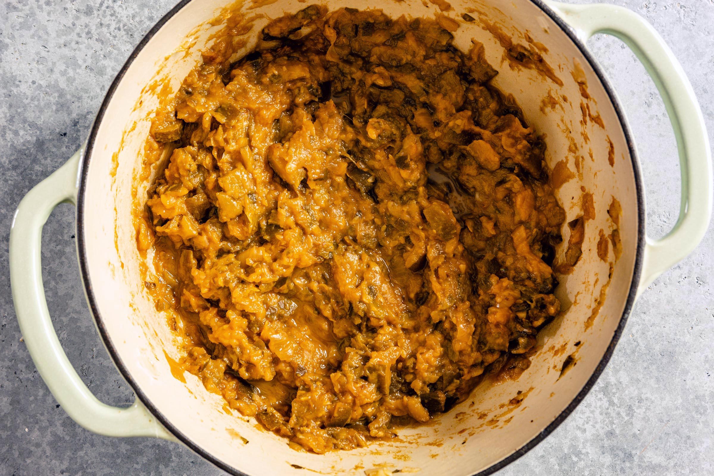 Zucchini Bolognese sauce in a dutch oven pot