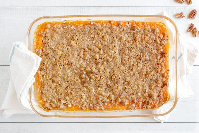 Pioneer Womans Soul Sweet Potatoes in a baking dish after being baked