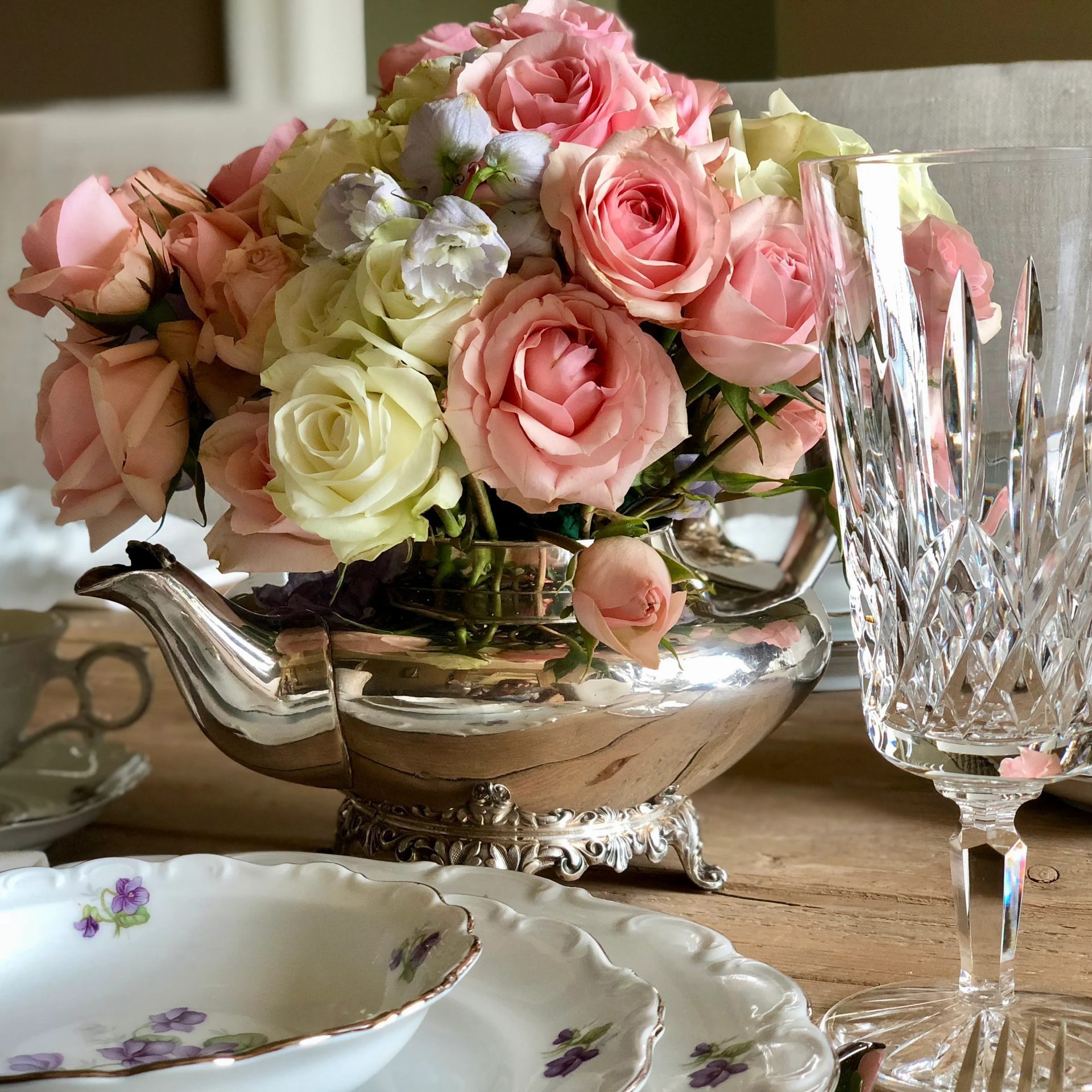 Mothers Day Silver Teapot Flower Arrangement Ecomm Via Happyhautehome.com