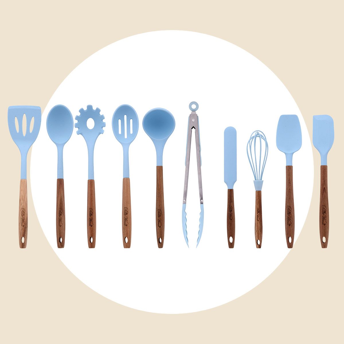 The Pioneer Woman 10 Piece Silicone And Acacia Wood Handle Cooking Utensils Set Blue