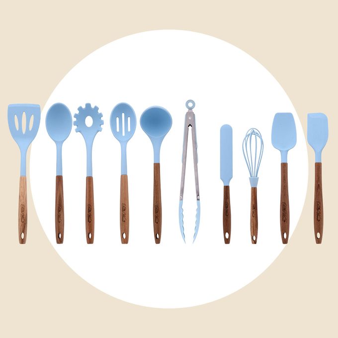 The Pioneer Woman 10 Piece Silicone And Acacia Wood Handle Cooking Utensils Set Blue