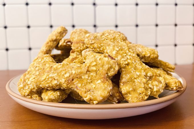 a plate with homemade chicken dog treats