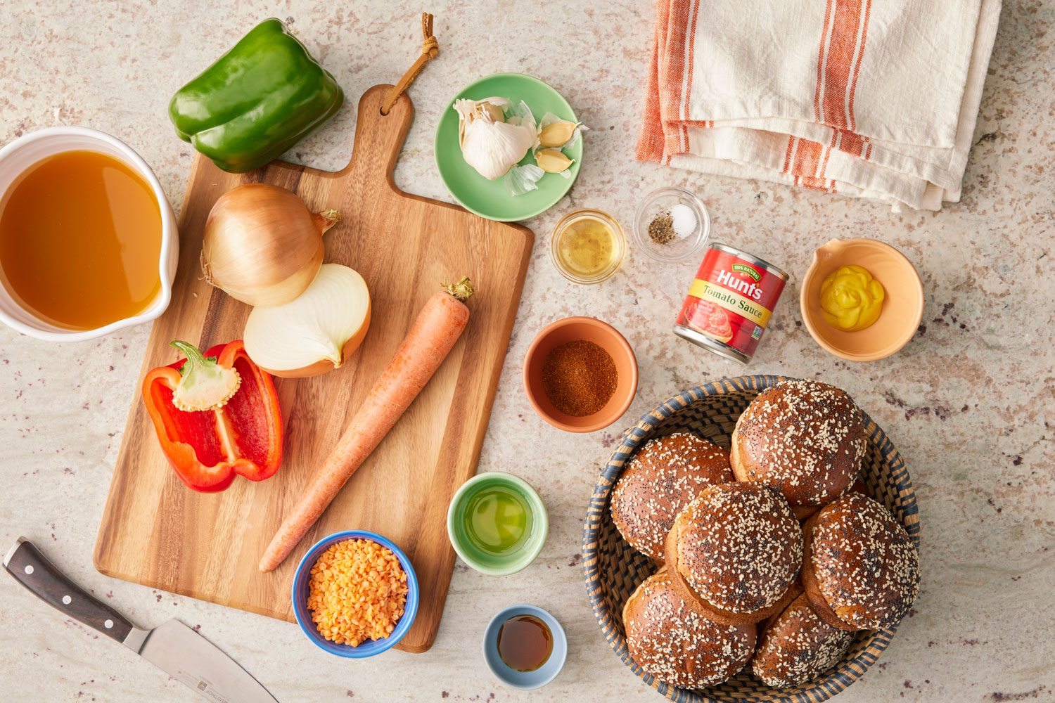Lentil Sloppy Joes ingredients arranged on kitchen counter top