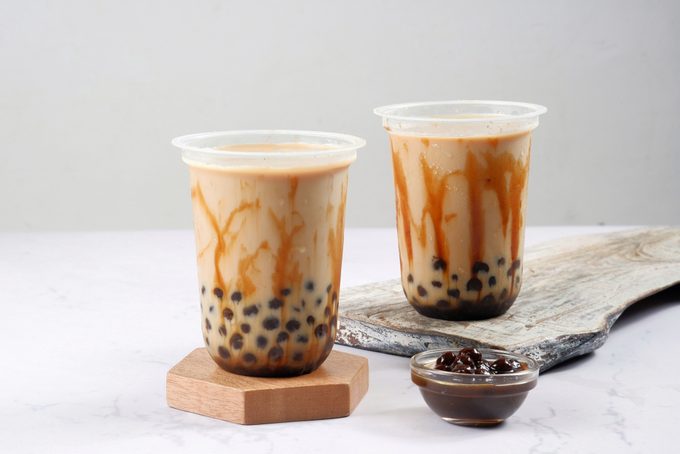 Boba milk tea or Taiwan milk tea with bubble on white background