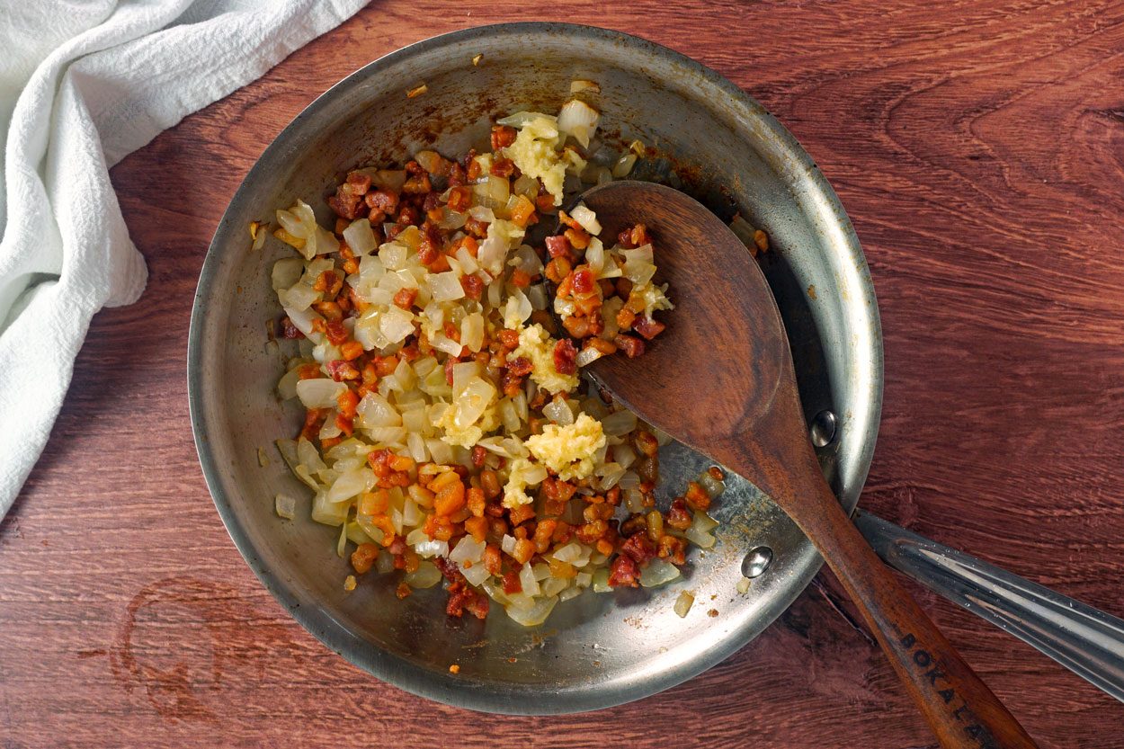 Saute Ingredients For Stanley Tucci Pasta Casserole Lauren Habermehl For Toh