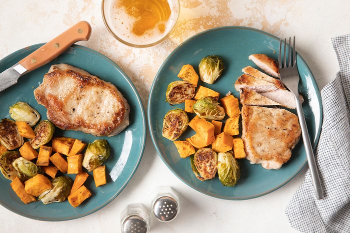 Pan Fried Pork Chops with Seasonings and a Beverage