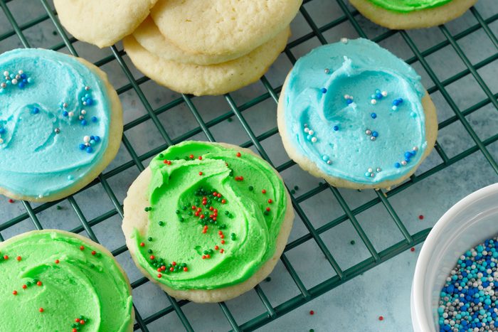 Soft Sugar Cookies decorated with coloured sugar and sprinkles