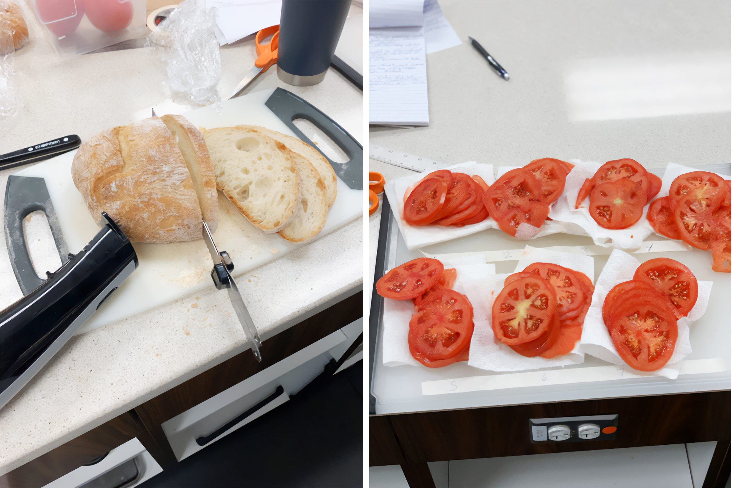 side by side of an electric knife cutting bread and sliced tomato comparisons
