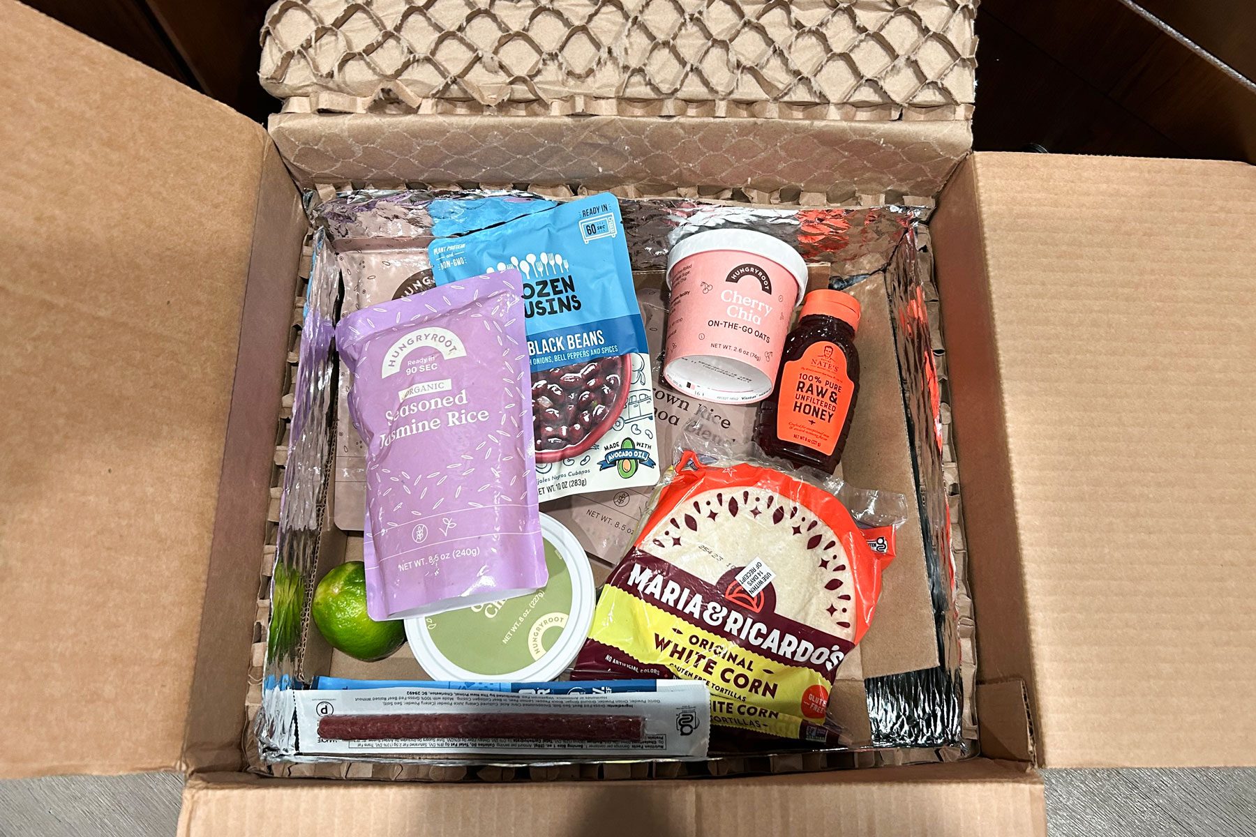 Grocery items in a box