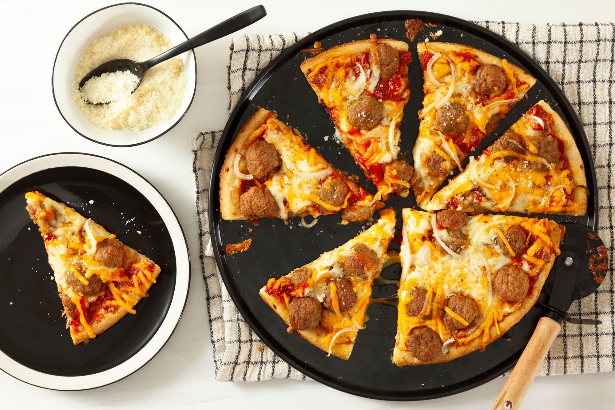 Meatball Pizza sliced and served