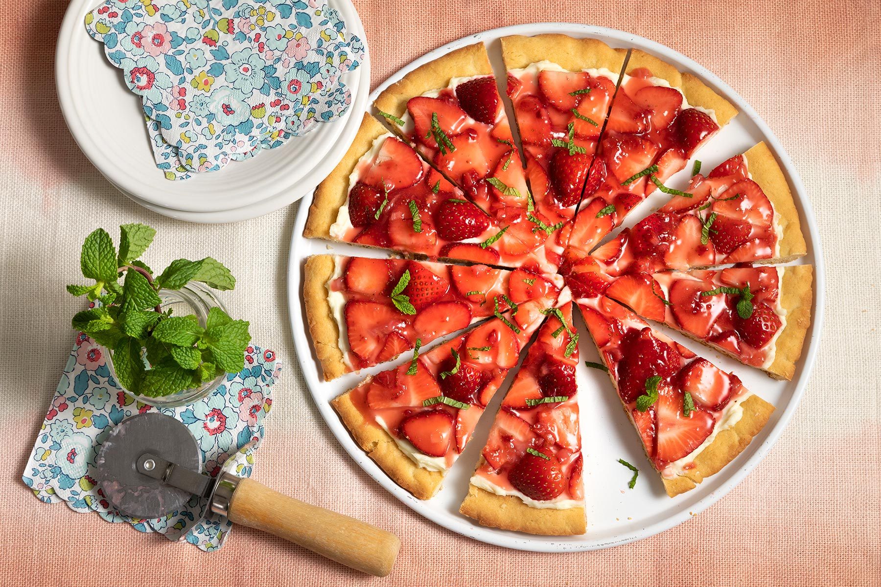 Strawberry Pizza sliced on plate 