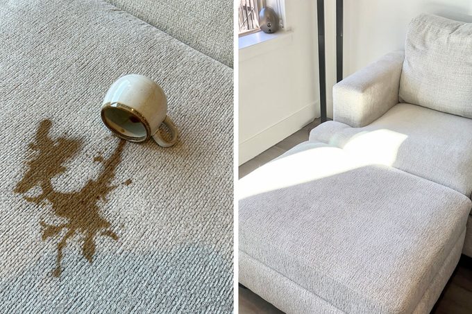 Spilled coffee on the couch and a clean white couch