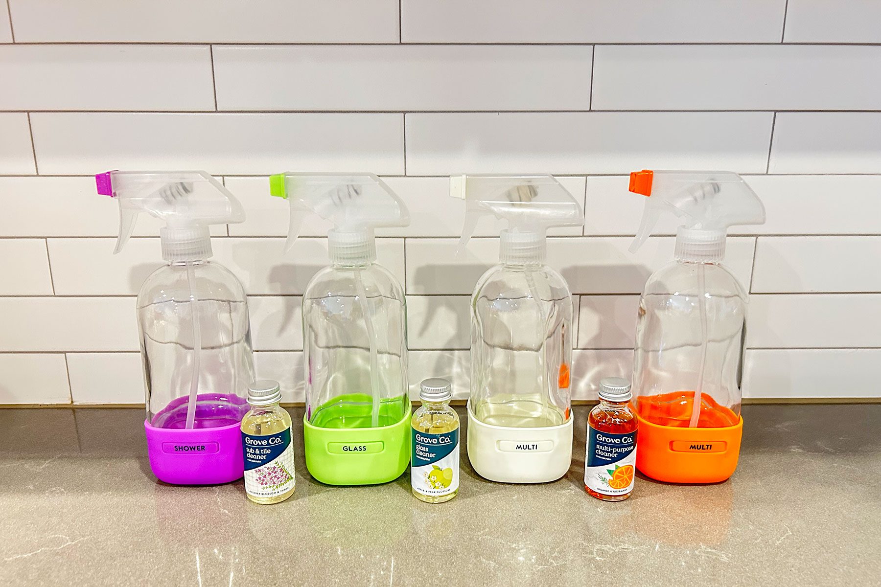 Empty bottles on marble surface