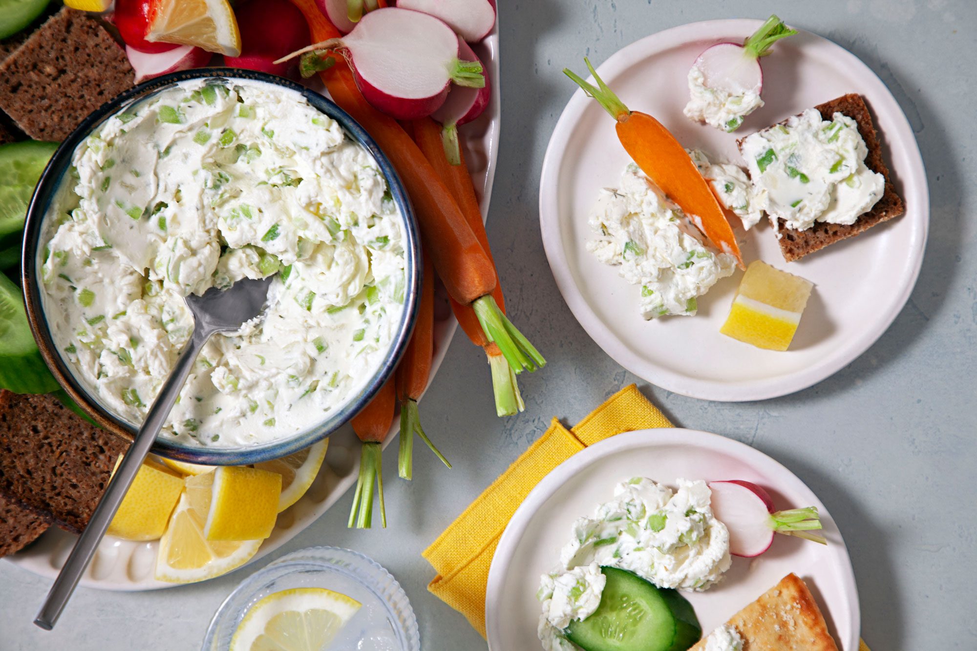 Benedictine Spread Served with an assortment of vegetables, snack rye bread and pita bread.
