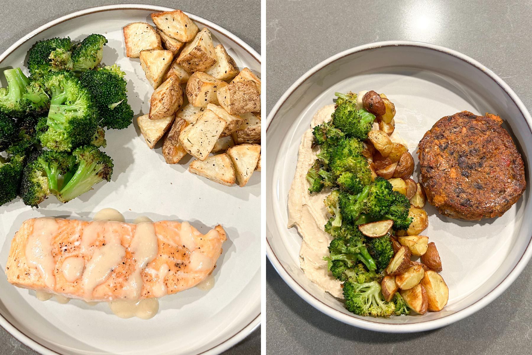 Burger bowl with broccoli and salmon on a plate