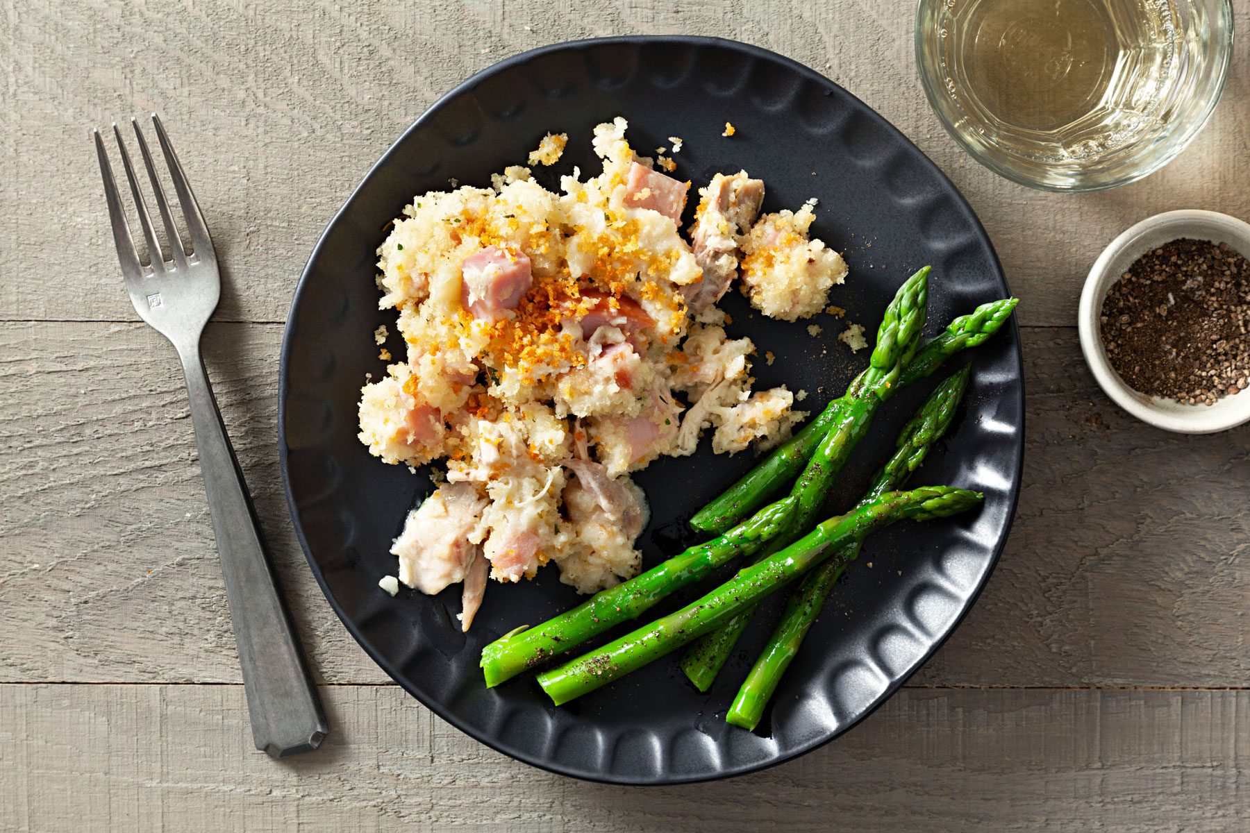 Chicken Cordon Bleu Casserole served in a plate with beans