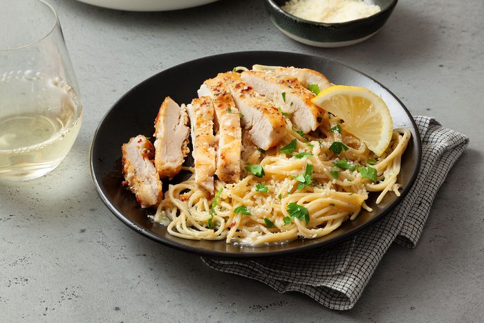 Lemon Chicken Pasta in a black bowl