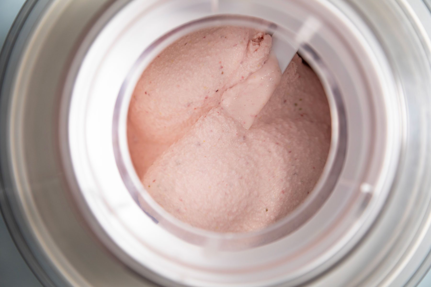 Strawberry puree inside ice cream maker 