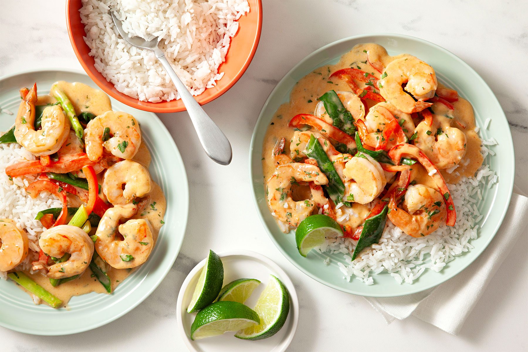 Coconut Curry Shrimp served with rice on plate