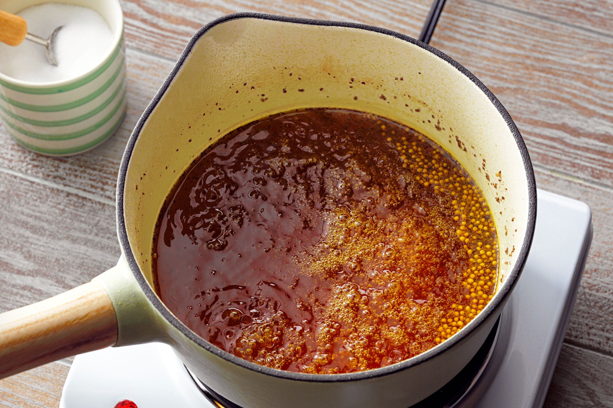 high angle shot of easy refrigerator pickles ingredients Cook and stir just until the sugar is dissolved in a saucepan
