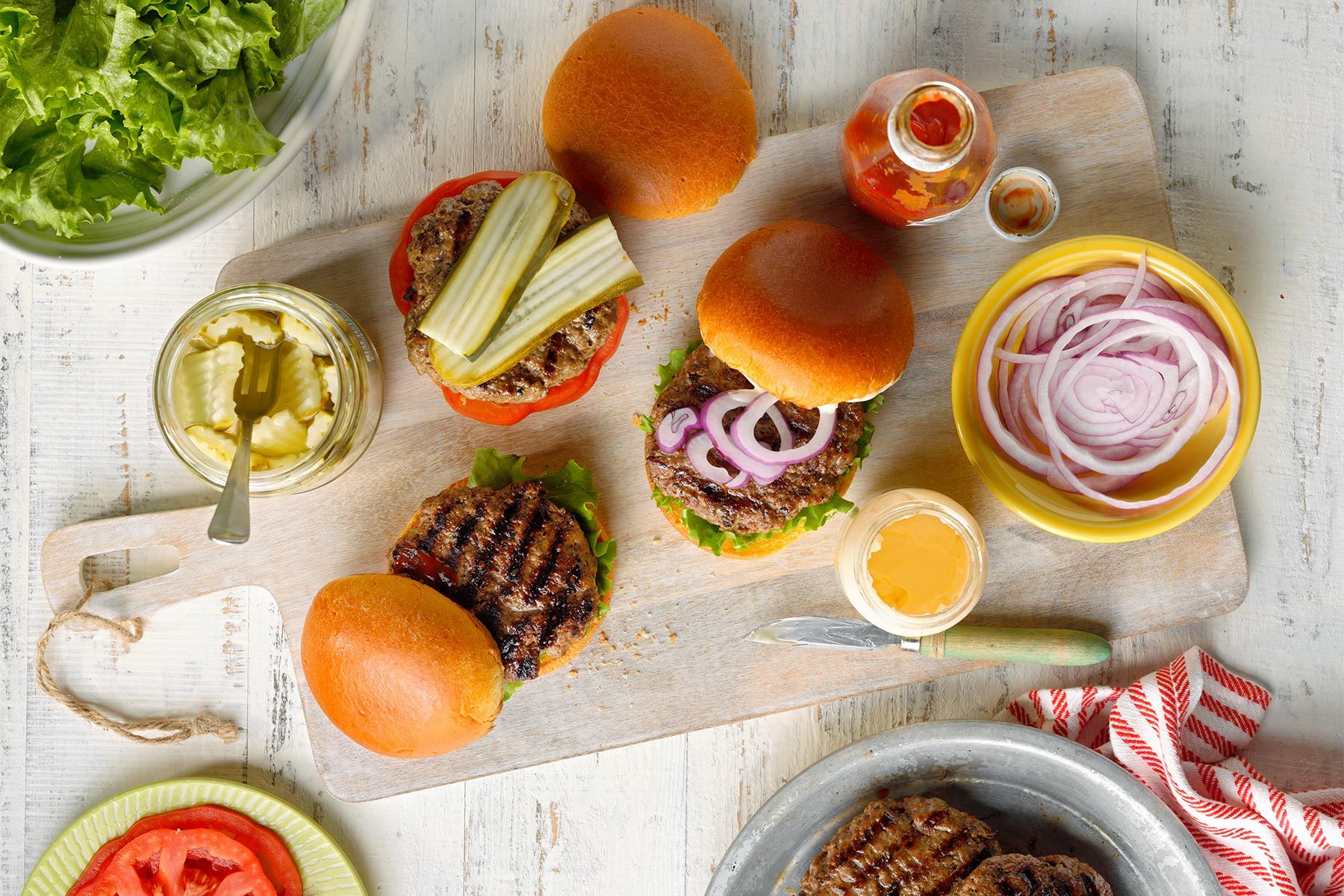 Top Shot of Hamburger and ingredients involved in it