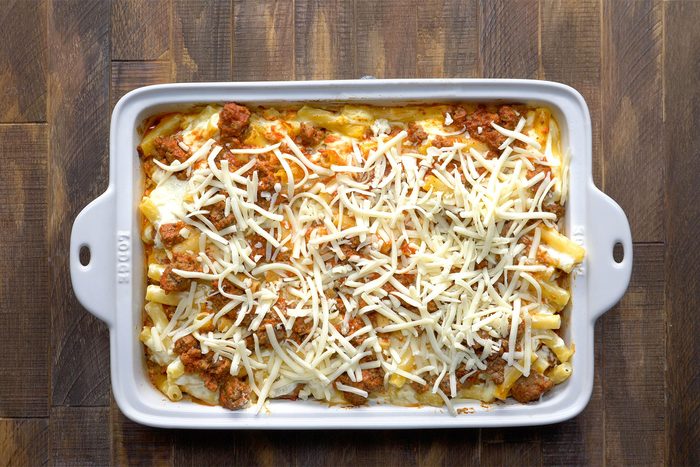 overhead shot of baked ziti in a baking dish