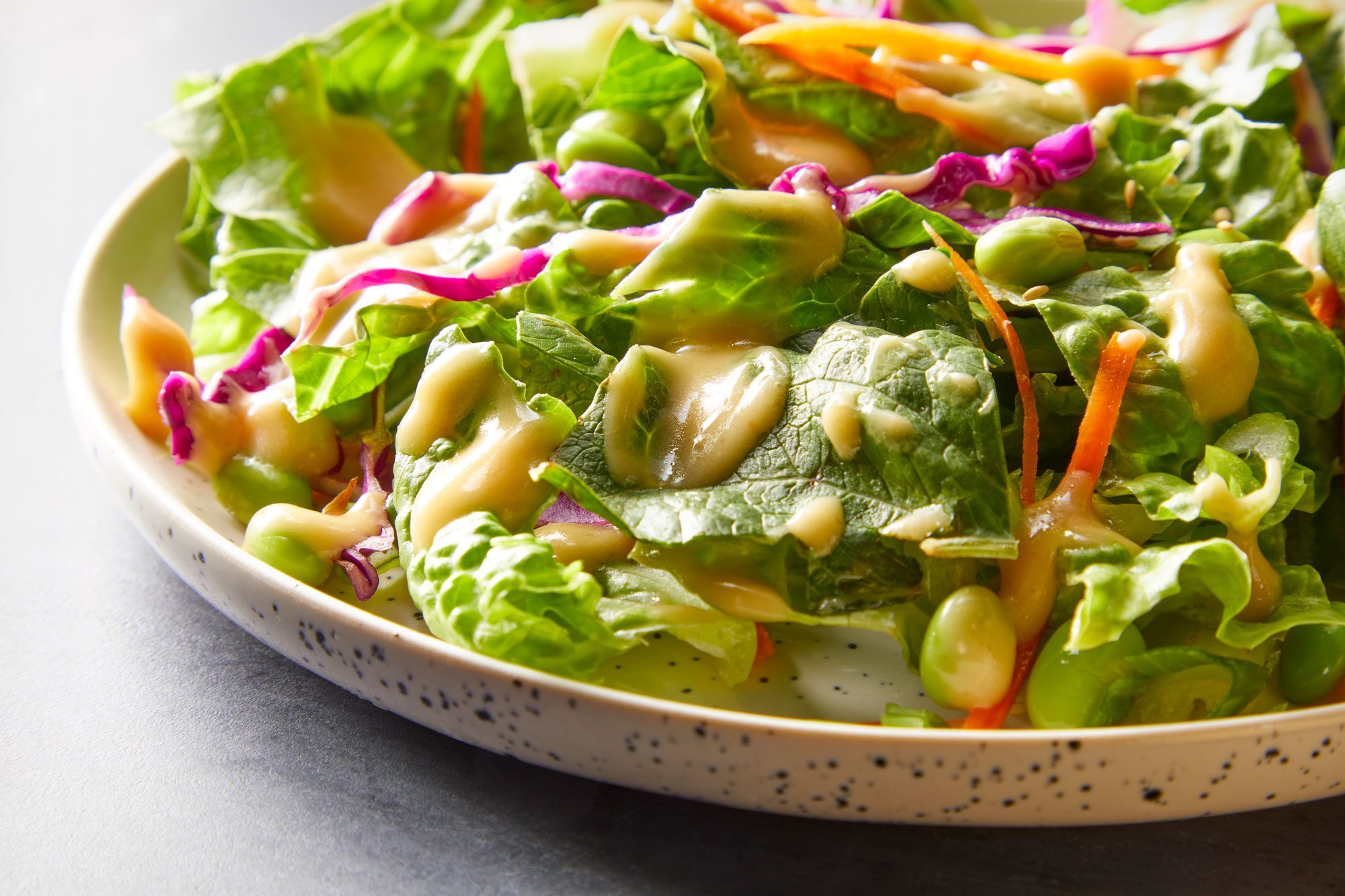 Close shot of Miso Dressing; pour over salad; served on plate; napkin; grey background;