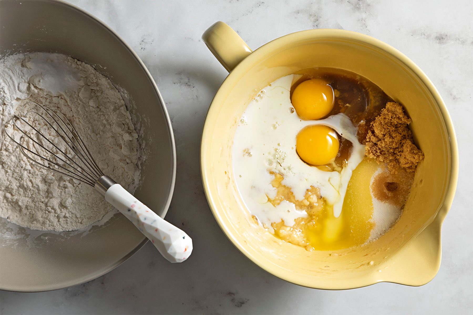 overhead shot of flour ans eggs in a bowl